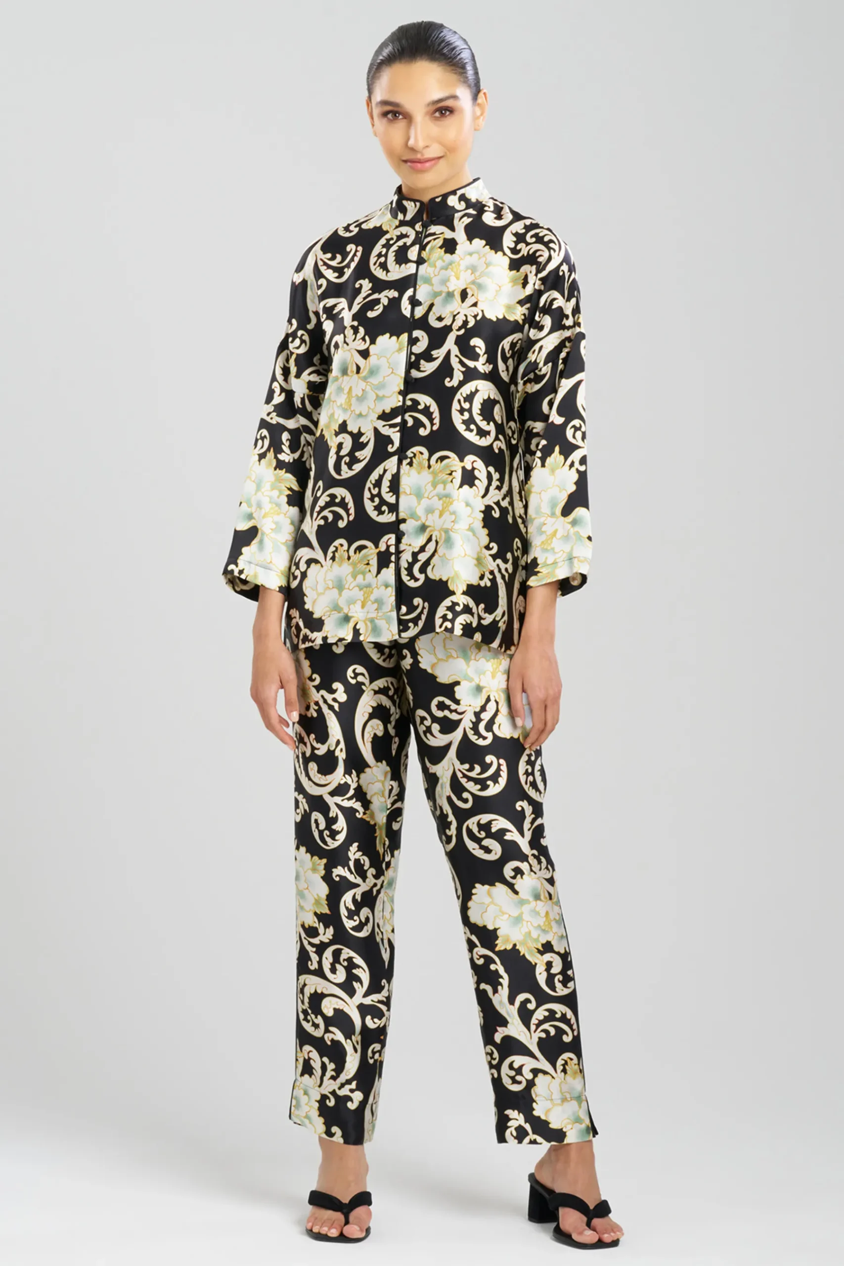 Natori Pajama Sets-Camille Floral Scroll Mandarin Silk PJ