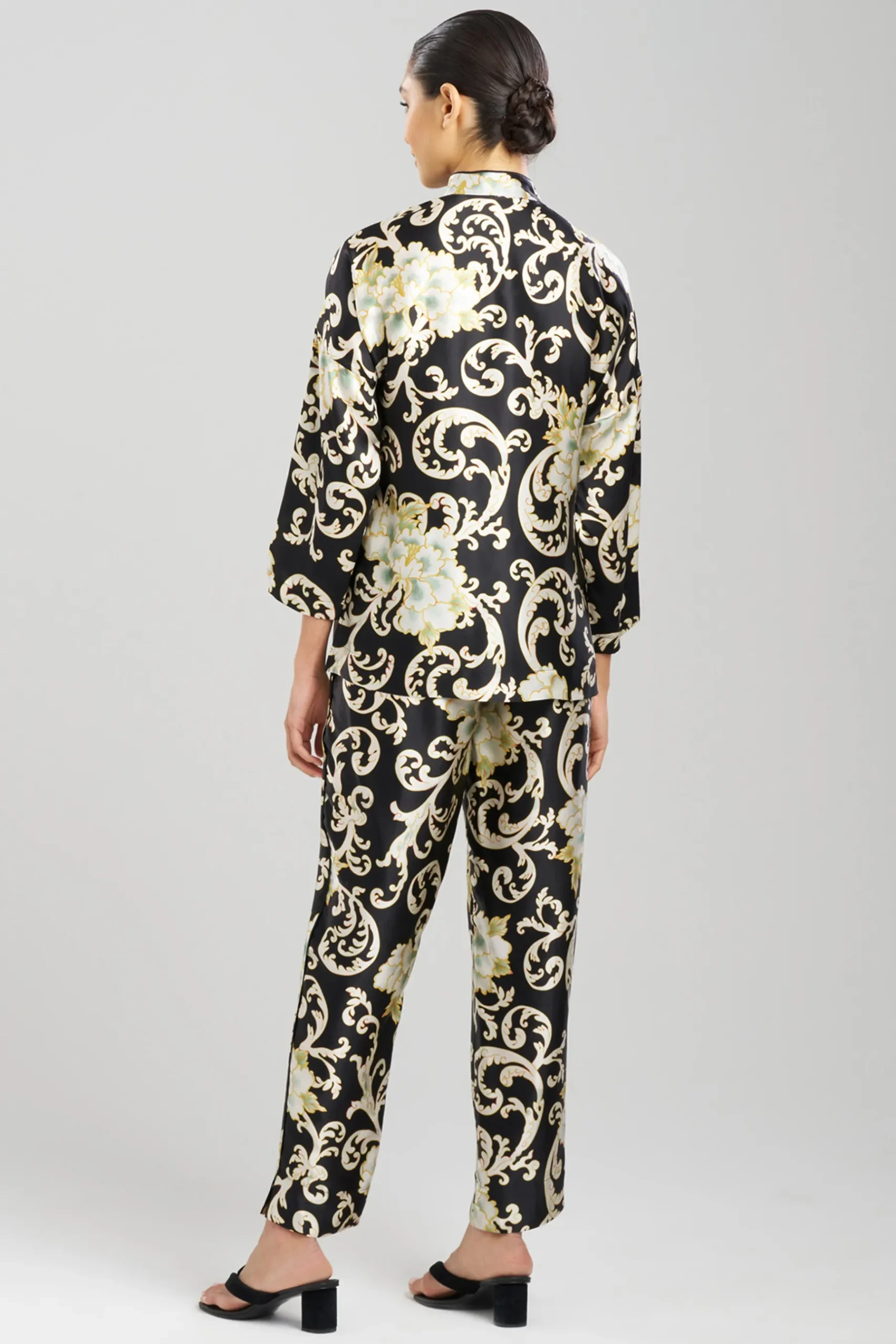 Natori Pajama Sets-Camille Floral Scroll Mandarin Silk PJ