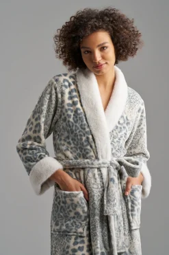 Natori Robes & Kimonos-Cashmere Leopard Faux Fur Collar Robe