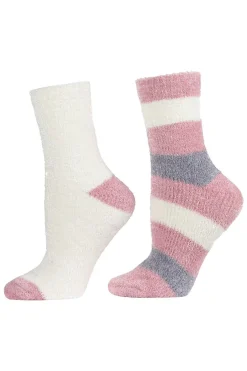 Natori Socks-Chenille Striped/Solid Cozy Crew Socks - 2 Pair Pack