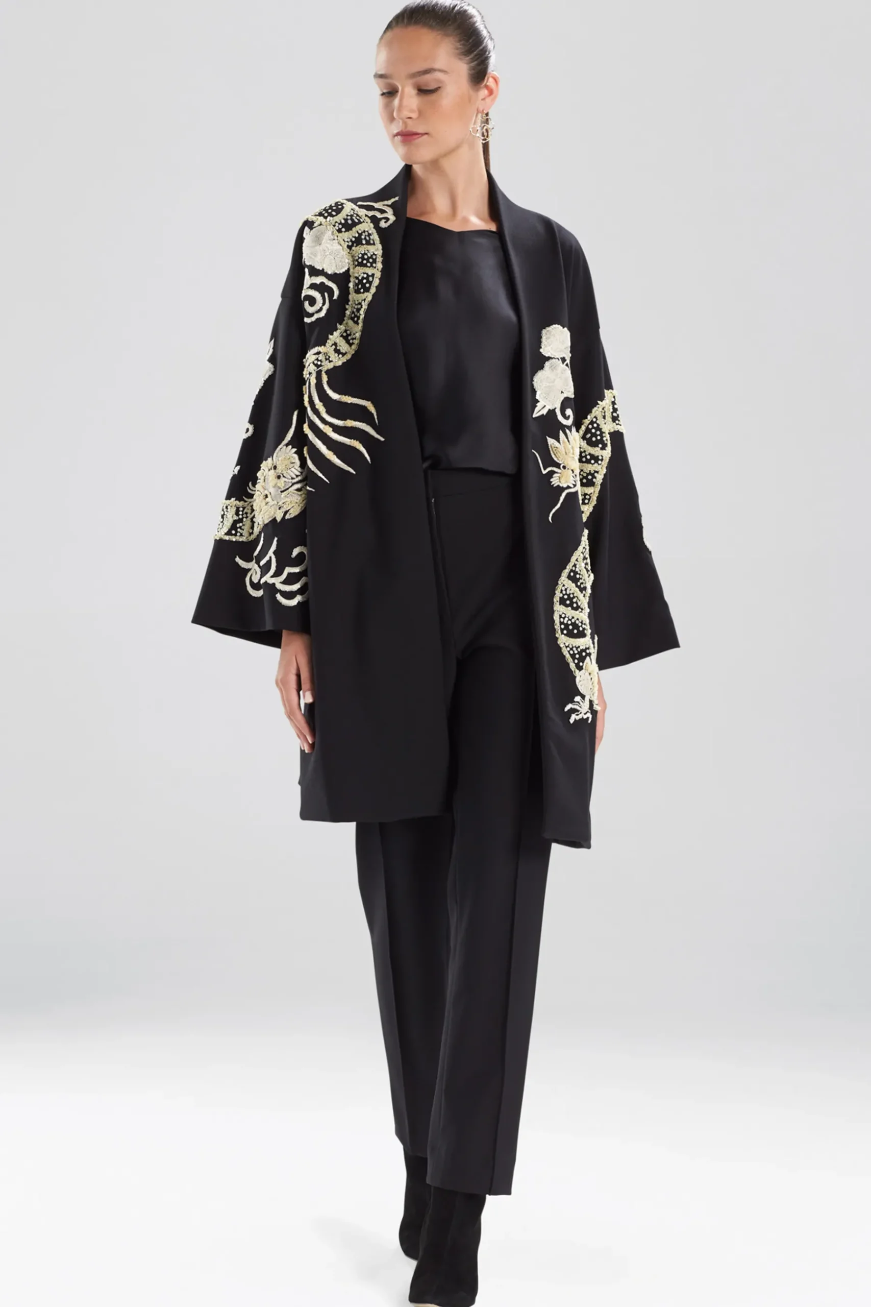 Natori Jackets & Outerwear-Compact Knit Crepe Embroidered Dragon Caban Jacket