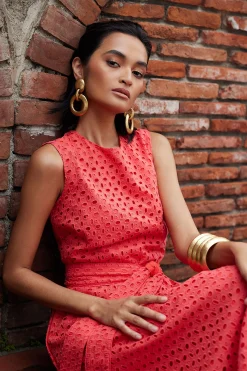 Natori Dresses|Wedding Guest Dresses-Cotton Eyelet Belted Dress