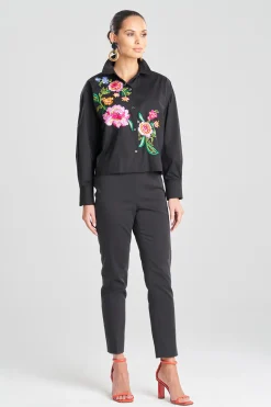 Natori Tops, Shirts & Tunics-Cotton Poplin Embroidered Pleated Top