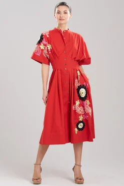 Natori Dresses-Cotton Poplin Embroidered Maxi Pleated Dress
