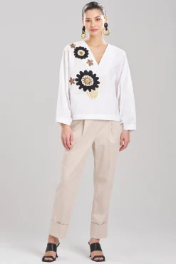 Natori Tops, Shirts & Tunics-Cotton Poplin Embroidered V-Neck Top