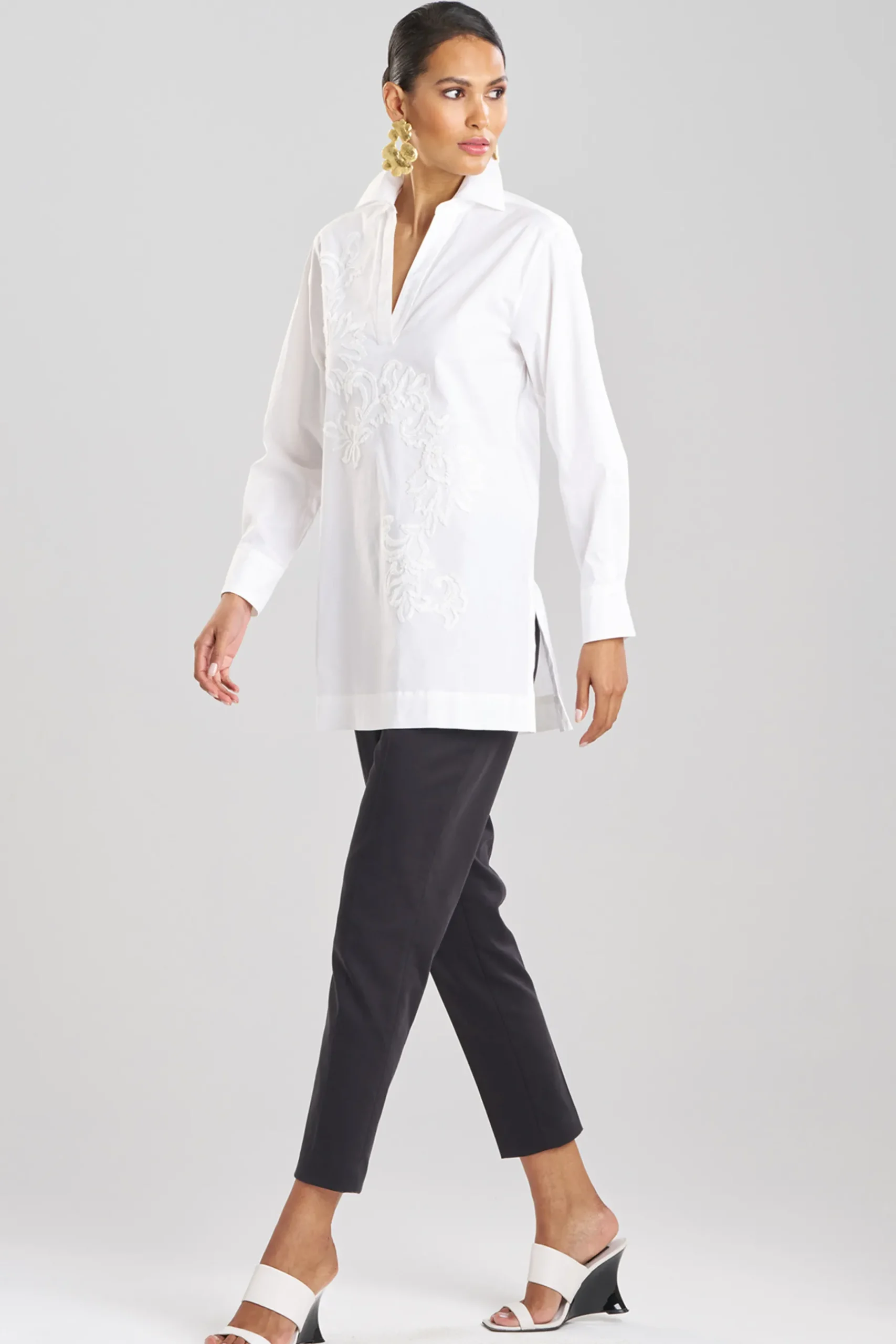 Natori Tops, Shirts & Tunics-Cotton Poplin Embroidered Tunic Shirt