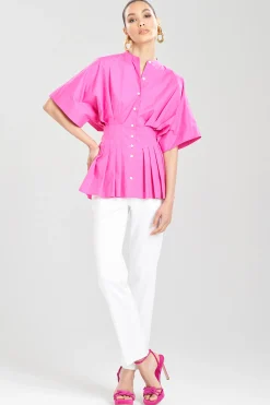Natori Bridal Shower Outfits|Plus Sizes-Cotton Poplin Pleated Mandarin Top
