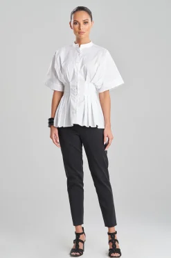 Natori Bridal Shower Outfits|Plus Sizes-Cotton Poplin Pleated Mandarin Top
