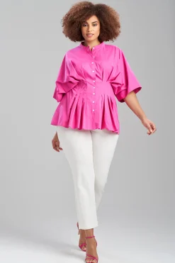 Natori Bridal Shower Outfits|Plus Sizes-Cotton Poplin Pleated Mandarin Top