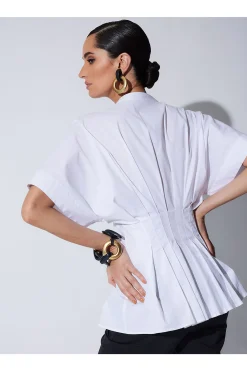 Natori Bridal Shower Outfits|Plus Sizes-Cotton Poplin Pleated Mandarin Top