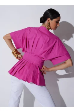 Natori Bridal Shower Outfits|Plus Sizes-Cotton Poplin Pleated Mandarin Top