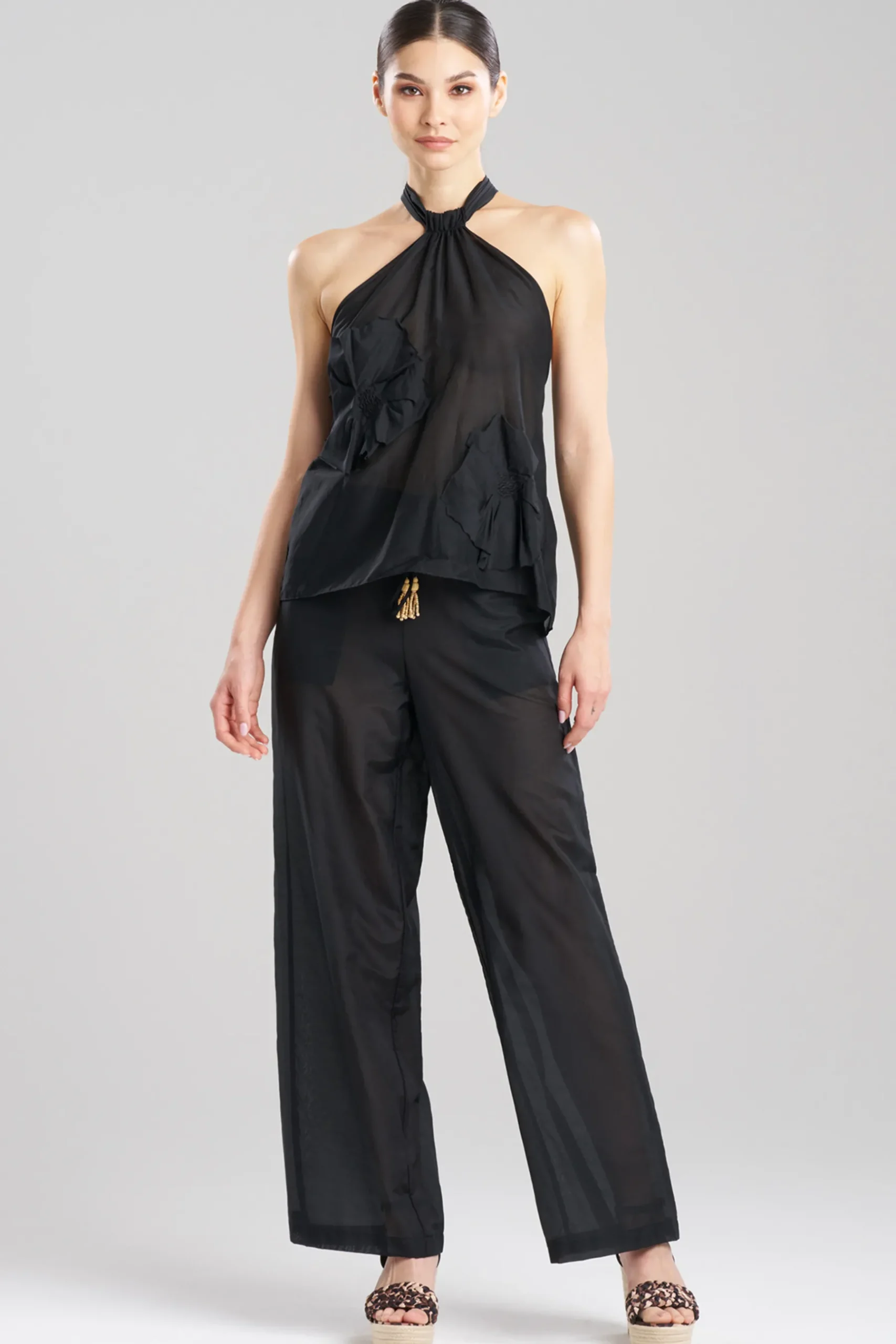 Natori Beach Tops|Tops, Shirts & Tunics-Cotton Silk Voile Applique Sheer Halter Top