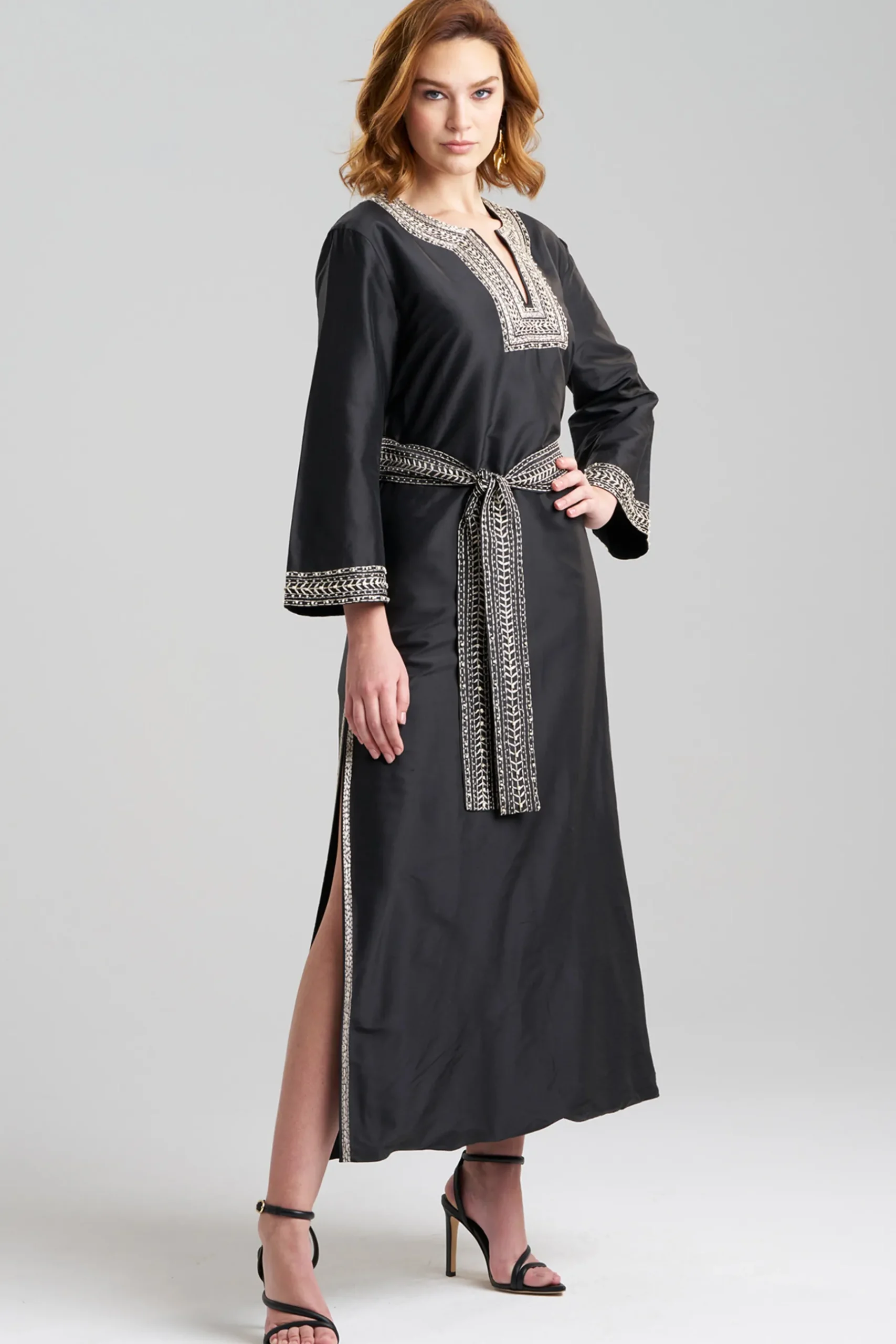 Natori Couture Caftans-Couture Silk Dupioni Embroidered Trim Caftan