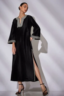 Natori Couture Caftans-Couture Silk Dupioni Embroidered Trim Caftan