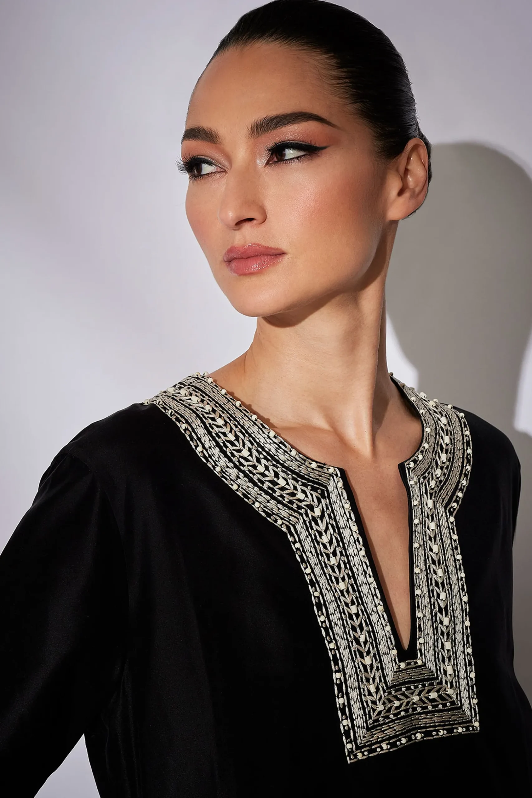 Natori Couture Caftans-Couture Silk Dupioni Embroidered Trim Caftan