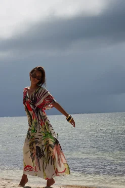Natori Dresses|Beach Dresses-El Nido Obi Silk Beaded Kimono Dress