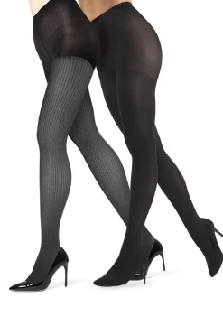 Natori Tights-Fine Rib/Solid Control Top Tights - 2 Pack