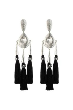 Natori Earrings-Gold Plated Brass Black Fringe Clip Earrings