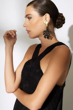Natori Earrings-Plated Leaf Long Two Tone Earrings