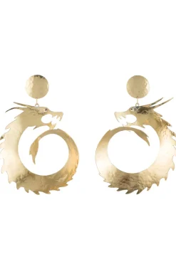 Natori Earrings-Hammered Brass Dragon Swirl Drop Clip Earrings