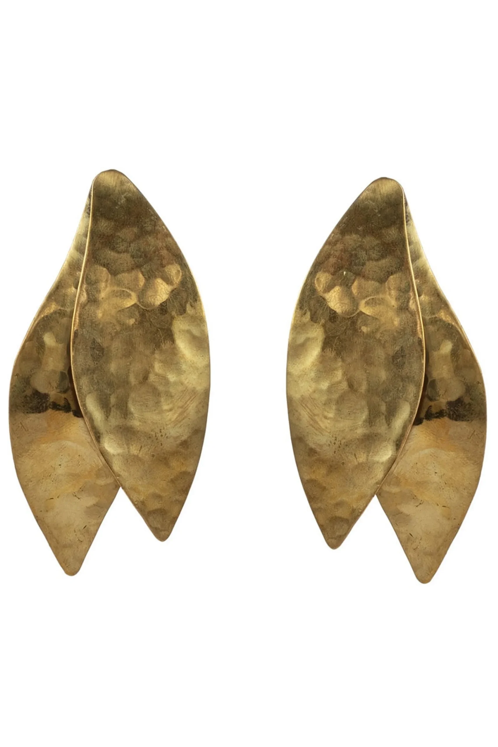 Natori Earrings-Hammered Brass Leaf Pendant Clip Earrings
