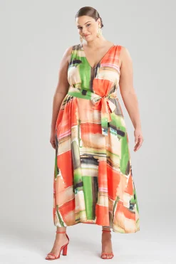 Natori Dresses-Hikaru Cotton Silk Trapeze V-Neck Belted Dress