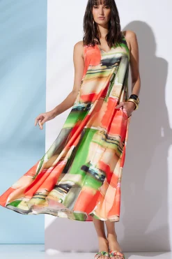 Natori Dresses-Hikaru Cotton Silk Trapeze V-Neck Belted Dress