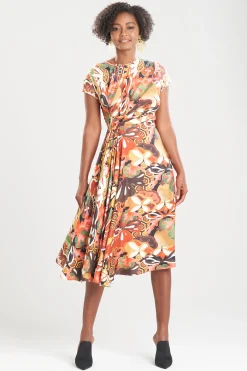Natori Dresses-Ikebana Printed Cotton Silk Drape Dress