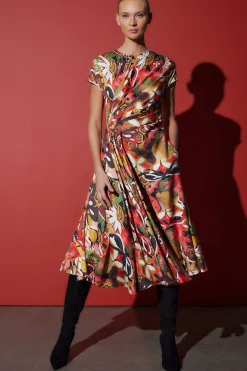 Natori Dresses-Ikebana Printed Cotton Silk Drape Dress
