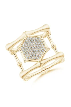 Natori Rings|Indochine-Indochine 14k Pave Diamond Hexagon Center Double Bamboo Band Cocktail Ring