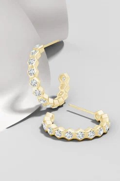 Natori Earrings|Indochine-Indochine 14k Small Stacked Hexagon Diamond J-Hoop Earrings