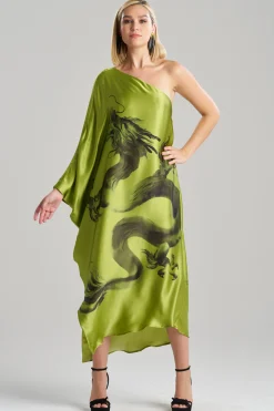 Natori Caftan Dresses-Ink Dragon One Shoulder Silk Caftan