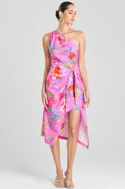 Natori Dresses-Junko Cotton Poplin Beaded Asymmetrical Drape Dress