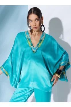Natori Pajama Tops|Lounge Tops-Key Essentials Embroidered Kimono Sleeve Silk Top
