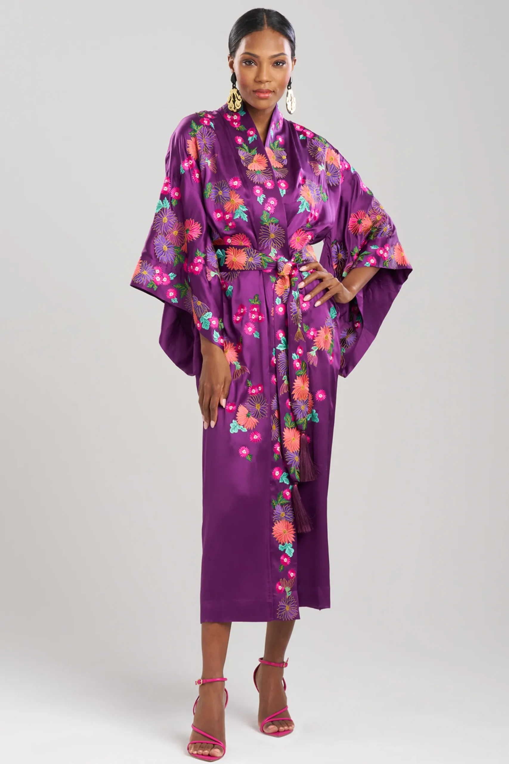 Natori Robes & Kimonos-Key Essentials Embroidered Kimono Silk Robe