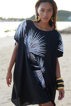 Natori Caftan Dresses-Linen Embroidered Short Caftan