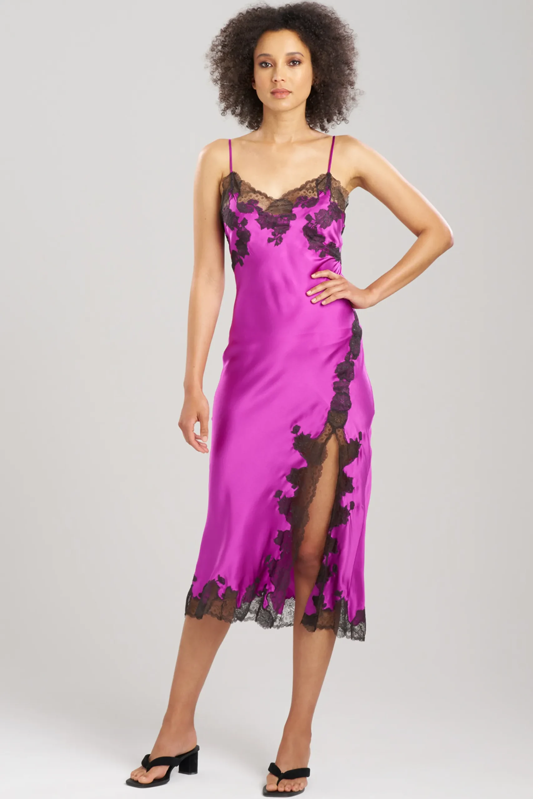 Natori Gowns-Lolita Lace Slit Silk Gown