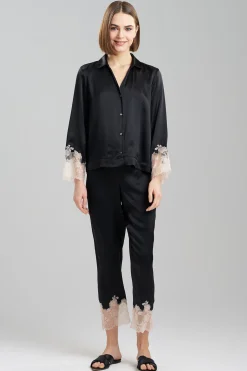 Natori Pajama Sets-Lolita Lace Trim Silk Notch PJ