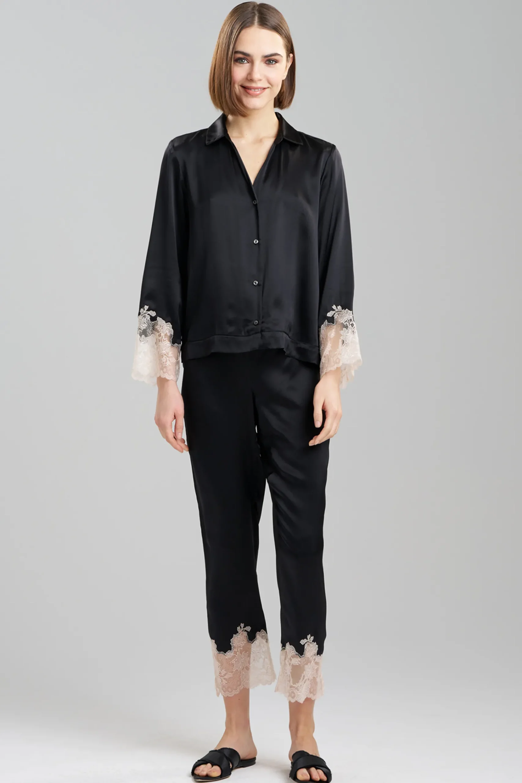 Natori Pajama Sets-Lolita Lace Trim Silk Notch PJ