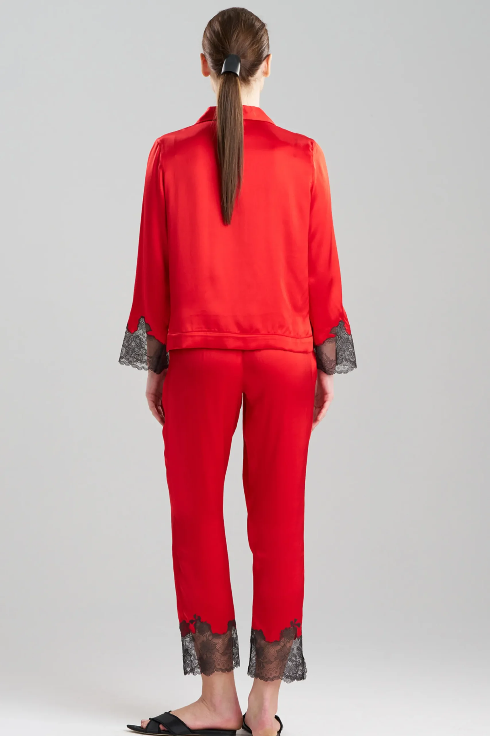 Natori Pajama Sets-Lolita Lace Trim Silk Notch PJ