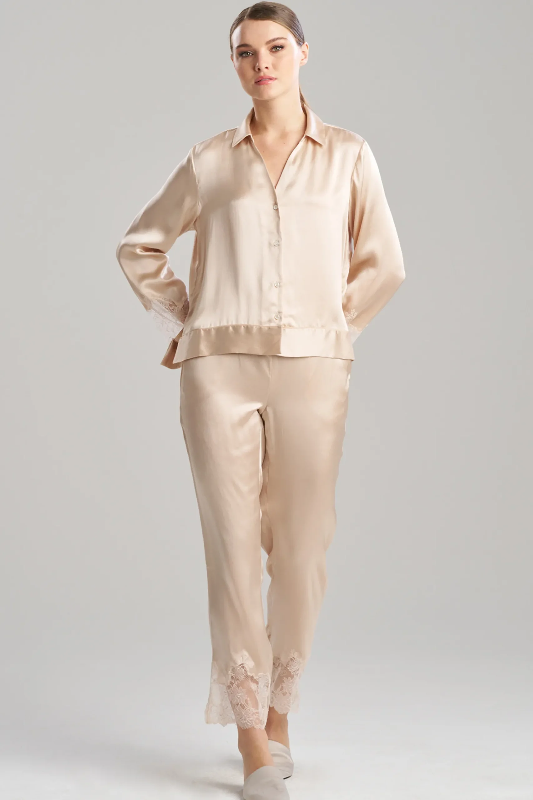 Natori Pajama Sets-Lolita Lace Trim Silk Notch PJ