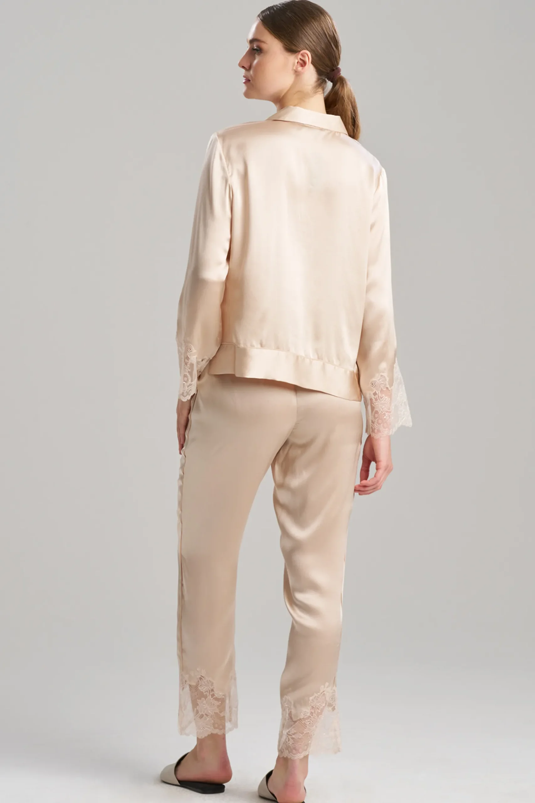 Natori Pajama Sets-Lolita Lace Trim Silk Notch PJ