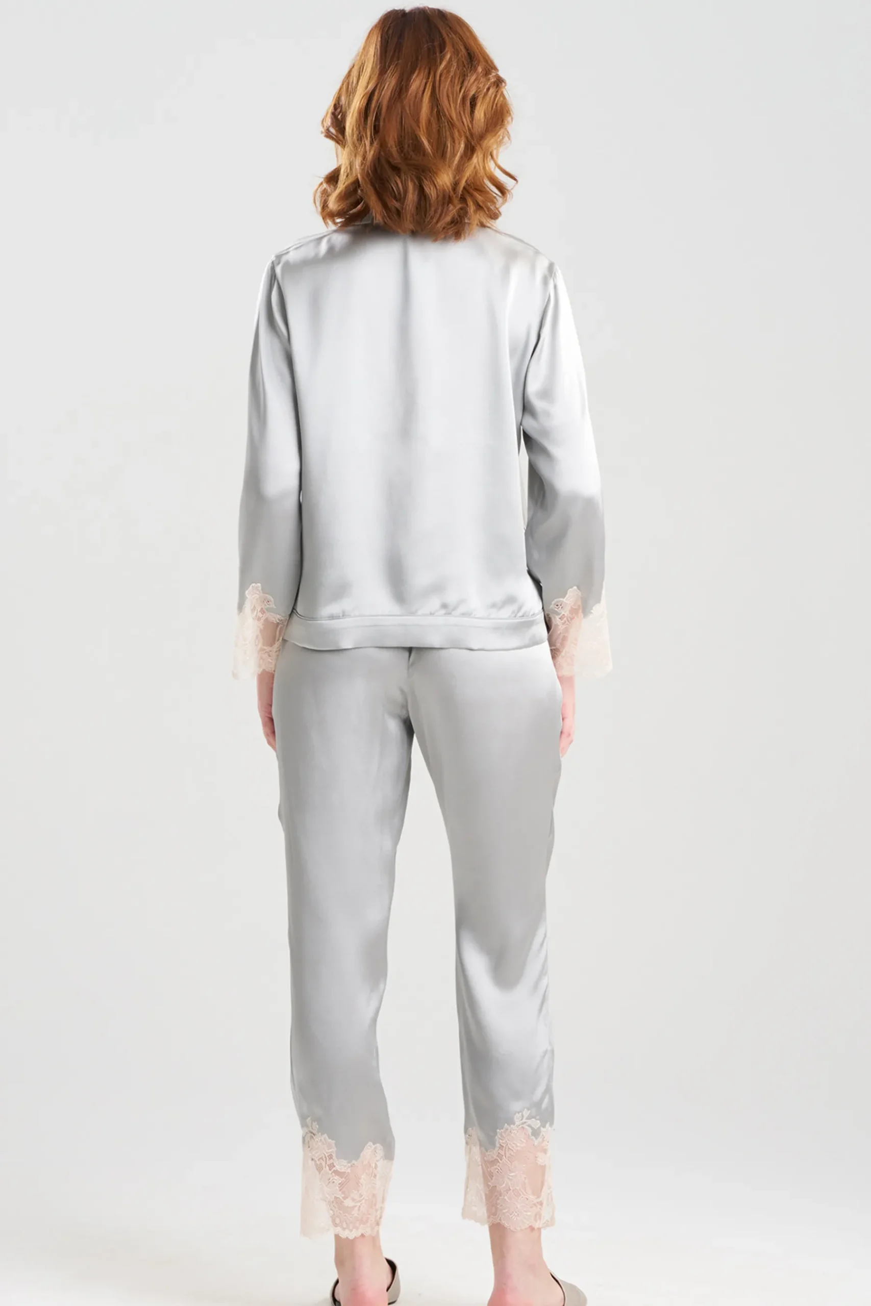 Natori Pajama Sets-Lolita Lace Trim Silk Notch PJ