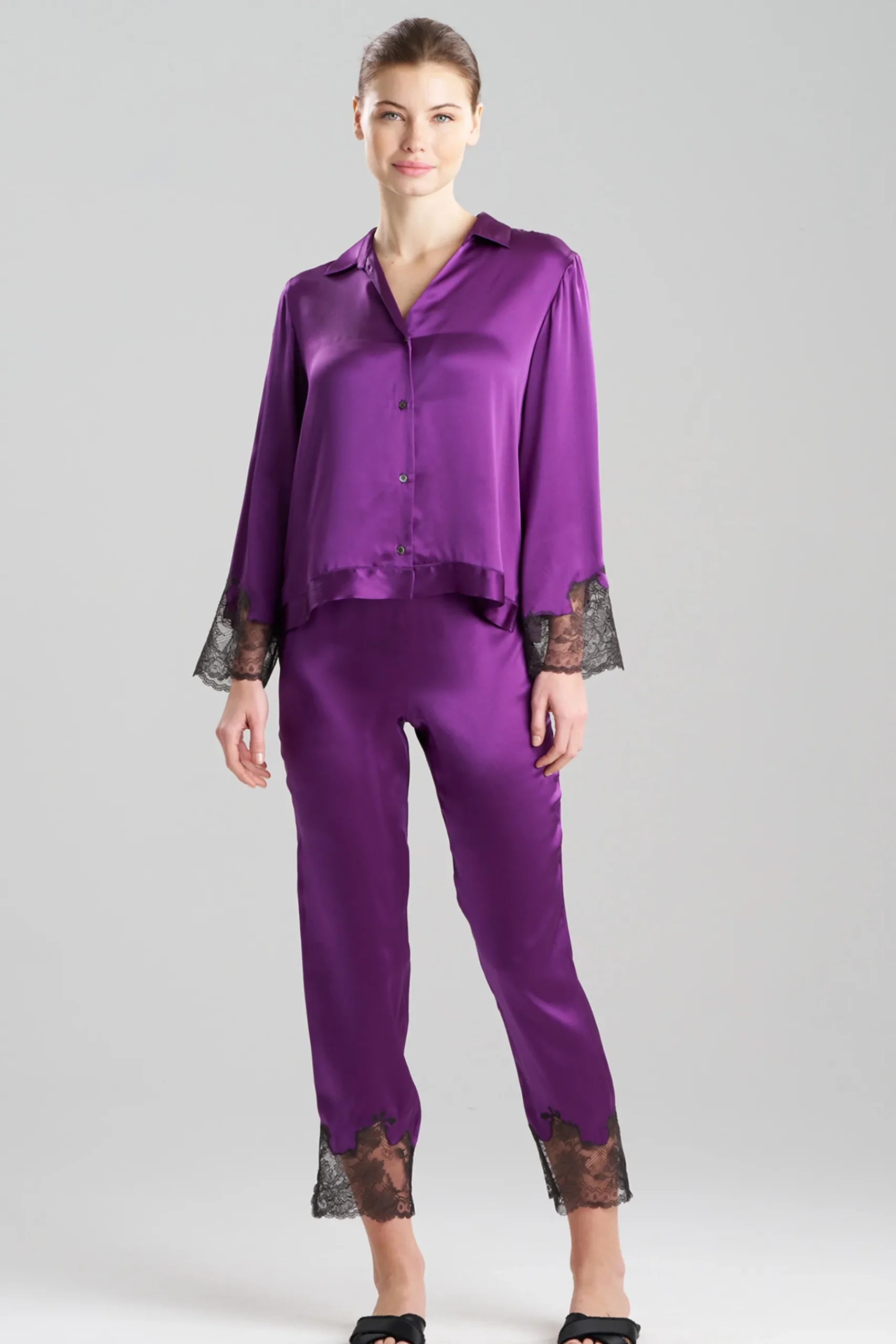 Natori Pajama Sets-Lolita Lace Trim Silk Notch PJ