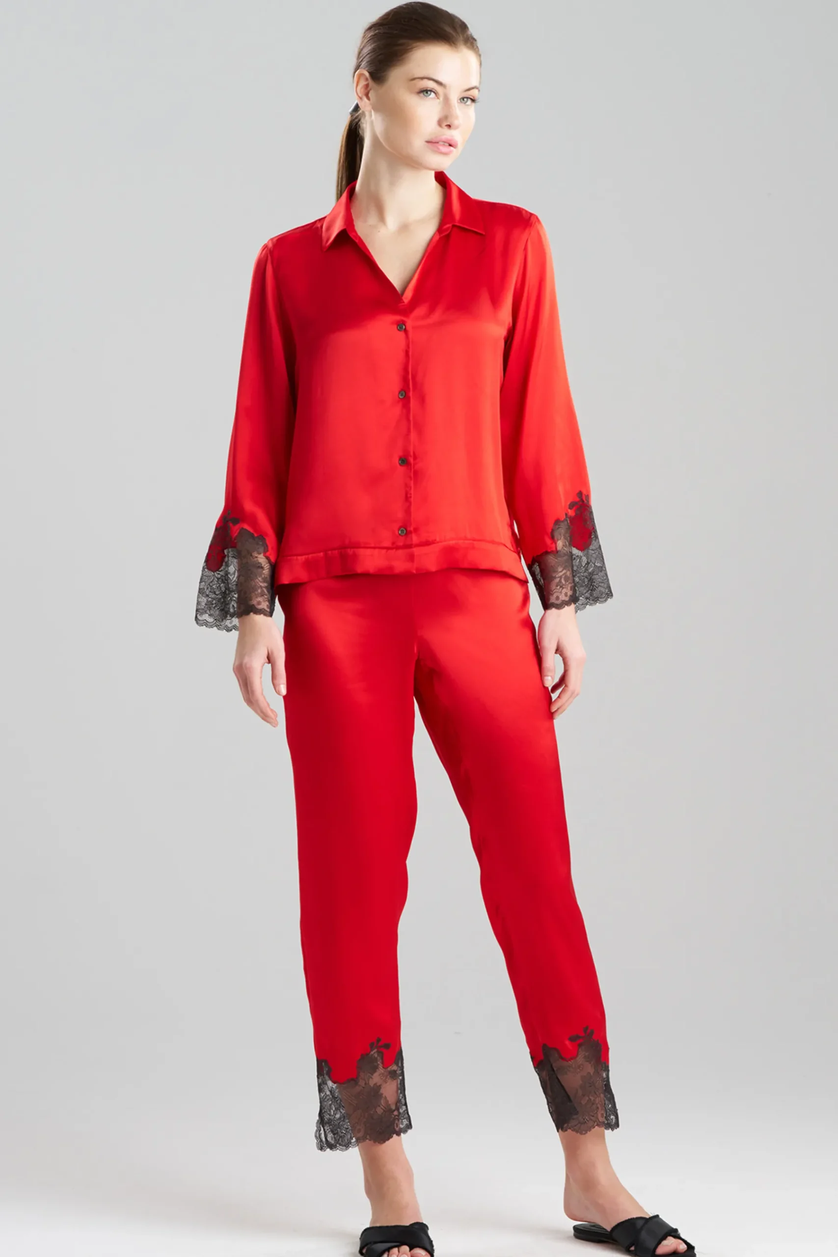 Natori Pajama Sets-Lolita Lace Trim Silk Notch PJ