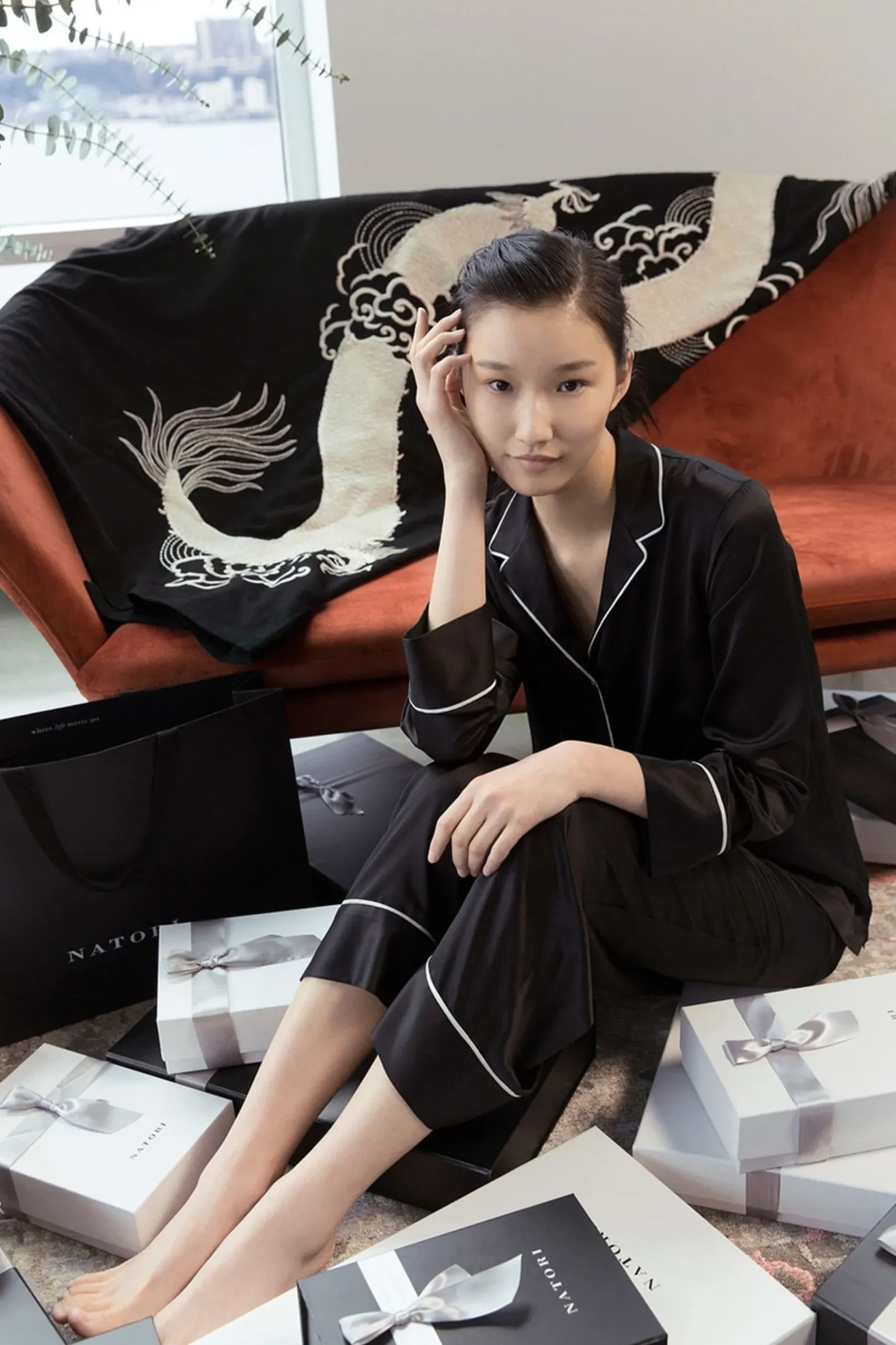 Natori Home Accents-Mayon Dragon Embroidery Throw
