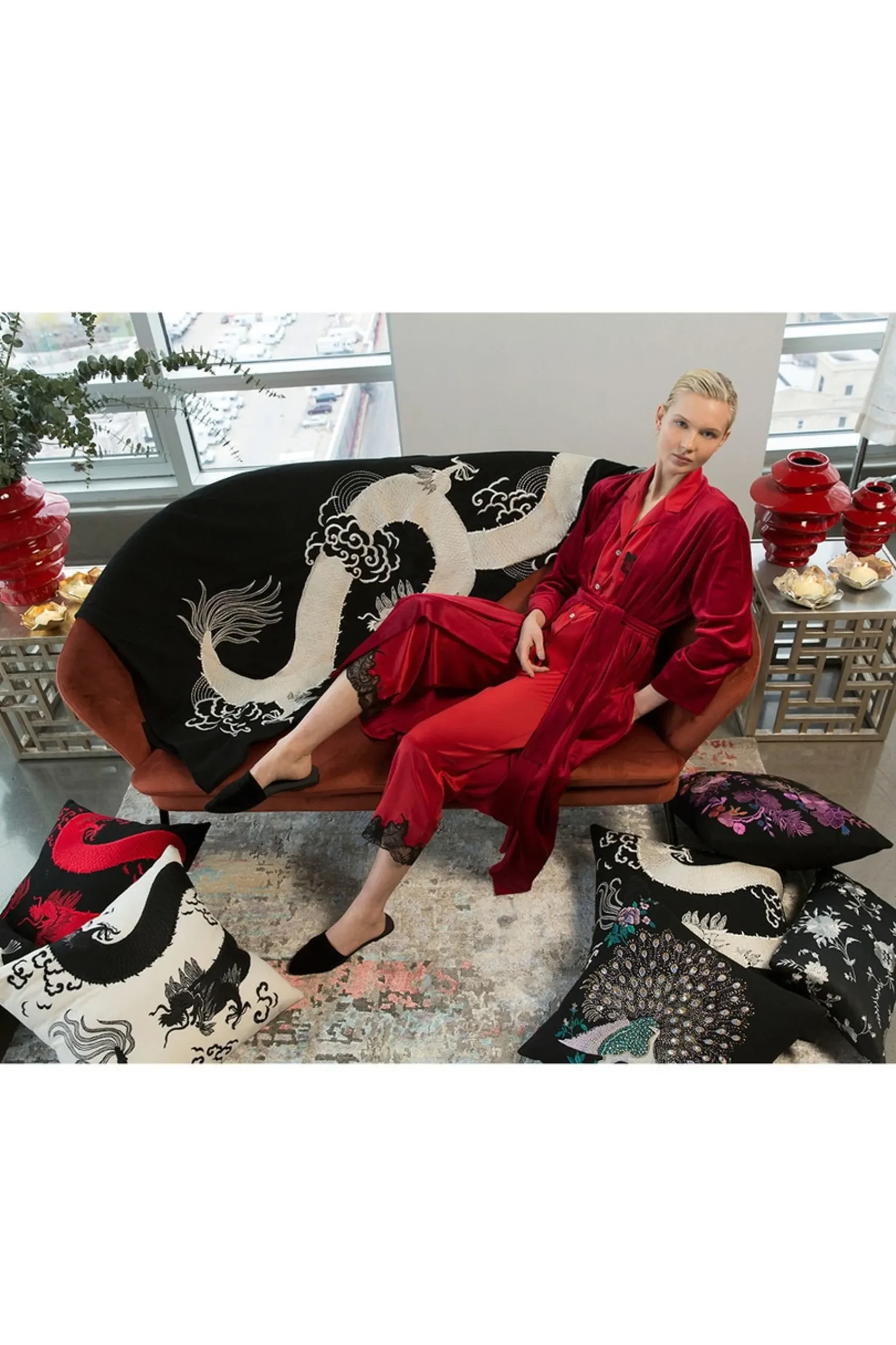 Natori Home Accents-Mayon Dragon Embroidery Throw