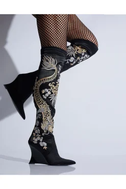 Natori Boots-Natsu Satin Embroidered Dragon Stretch Over The Knee Boot