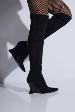 Natori Boots-Natsu Stretch Suede Over The Knee Wedge Boot