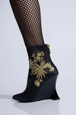 Natori Boots-Neko Satin Embroidery Wedge Ankle Boot